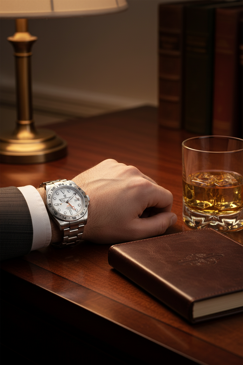 GMT Watch Men – Luxury lifestyle, old money aesthetic, mahogany desk